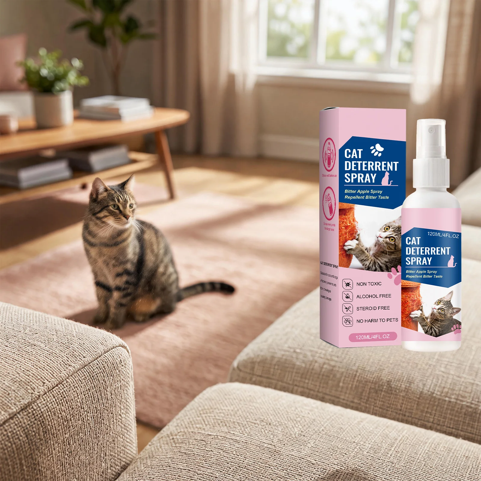 Long Lasting Cat Repellent Spray 120ml Non-Toxic Formula for Furniture Carpets Prevent Urine Marking Indoor Odor Neutralizer