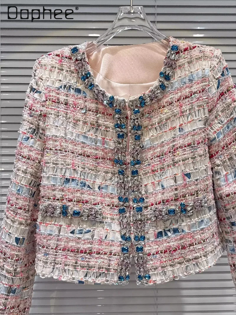 

French Style Socialite Rhinestone Beaded Edge Woven Tweed Short Coat High-end Elegant Socialite Coat Women Autumn Winter New