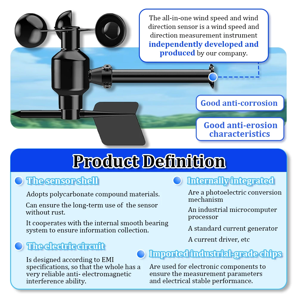 New 0-60m/s Polycarbonate Wind Speed Sensor 360° Wind Direction Integrated Wind Speed and Direction Transmitter High-Precision