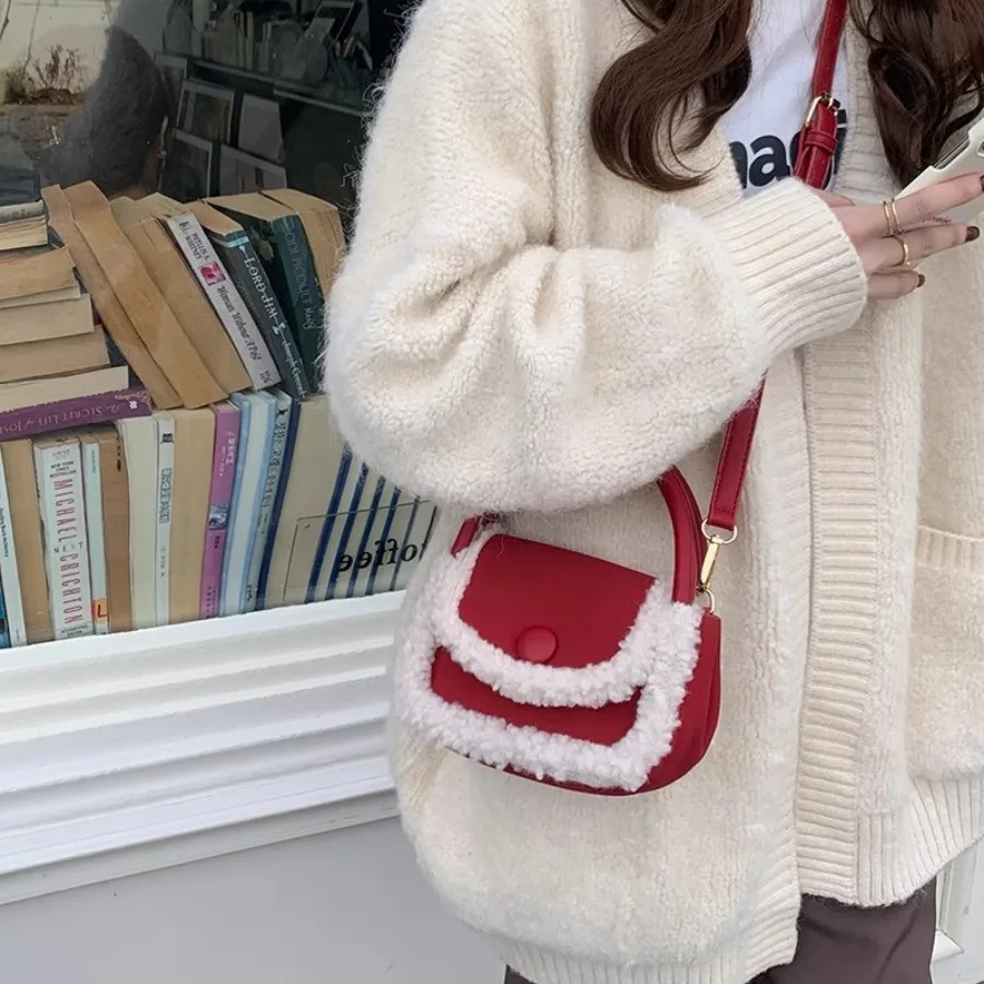Christmas-themed textured lambswool handbag minimalist elegant plush women's handbag tote bag patchwork versatile saddle bag