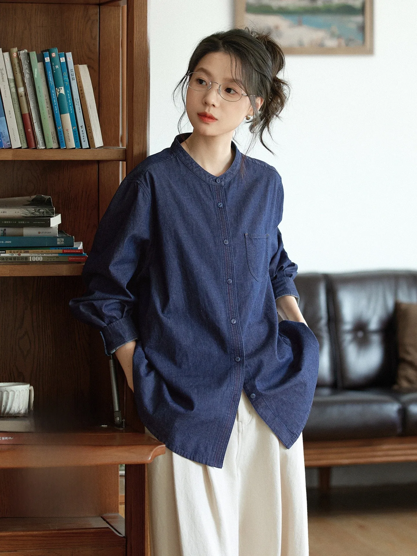 

Original Pure Cotton Blue Denim irt Women's Casual Vintage Long Sve Stand Collar Top for Autumn Season Daily Wear
