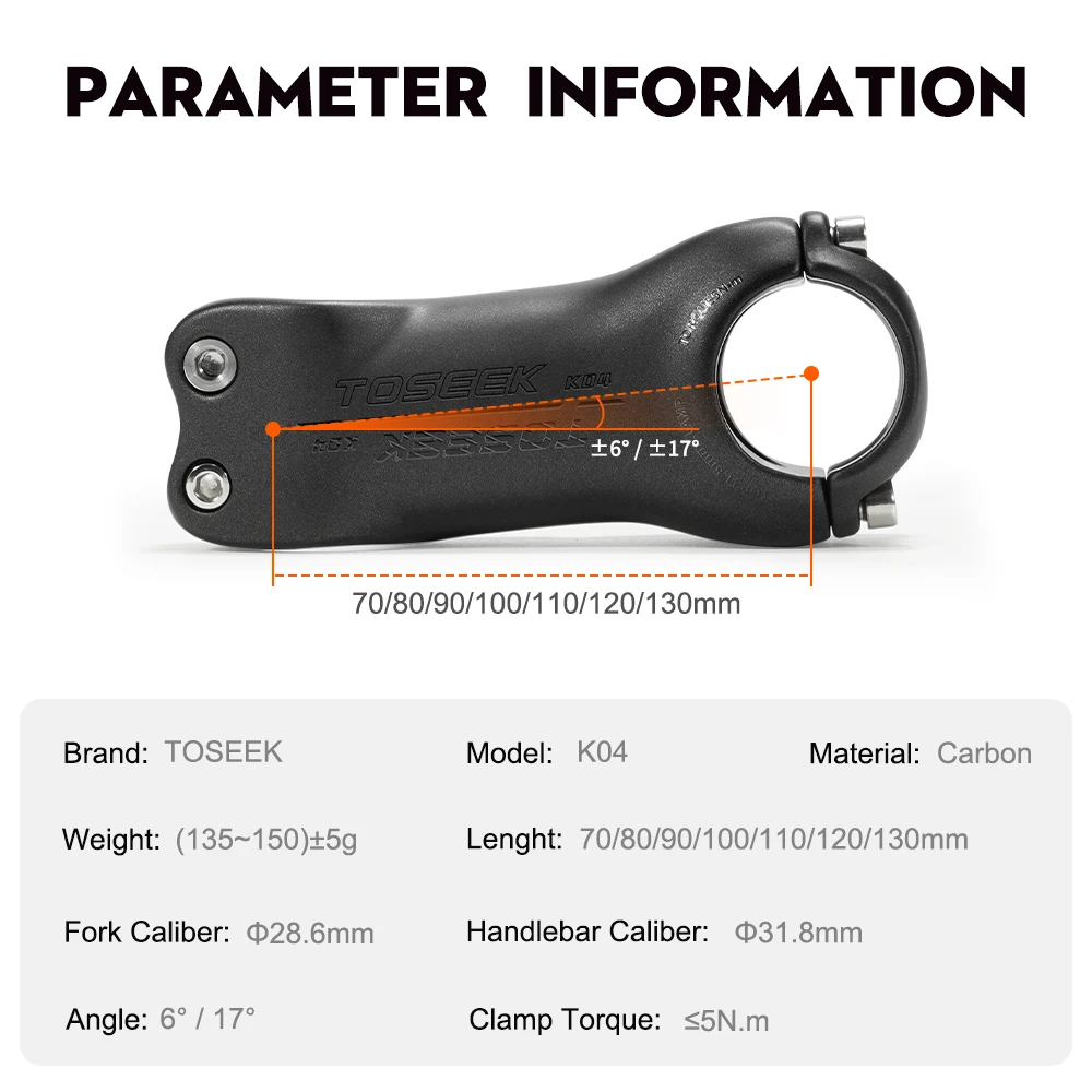 TOSEEK Full Carbon Bike Stem 6/17 Degree 70-130mm 31.8mm MTB Road Bicycle Handlebar Stem Black Matt