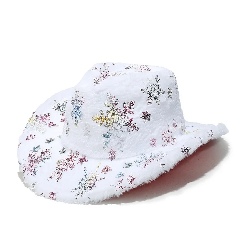 Kadın Noel Cowgirl Şapka Kar Tanesi/Tüy Desen Peluş Batı Şapkalar Parti Seyahat Kostüm Aksesuarları için