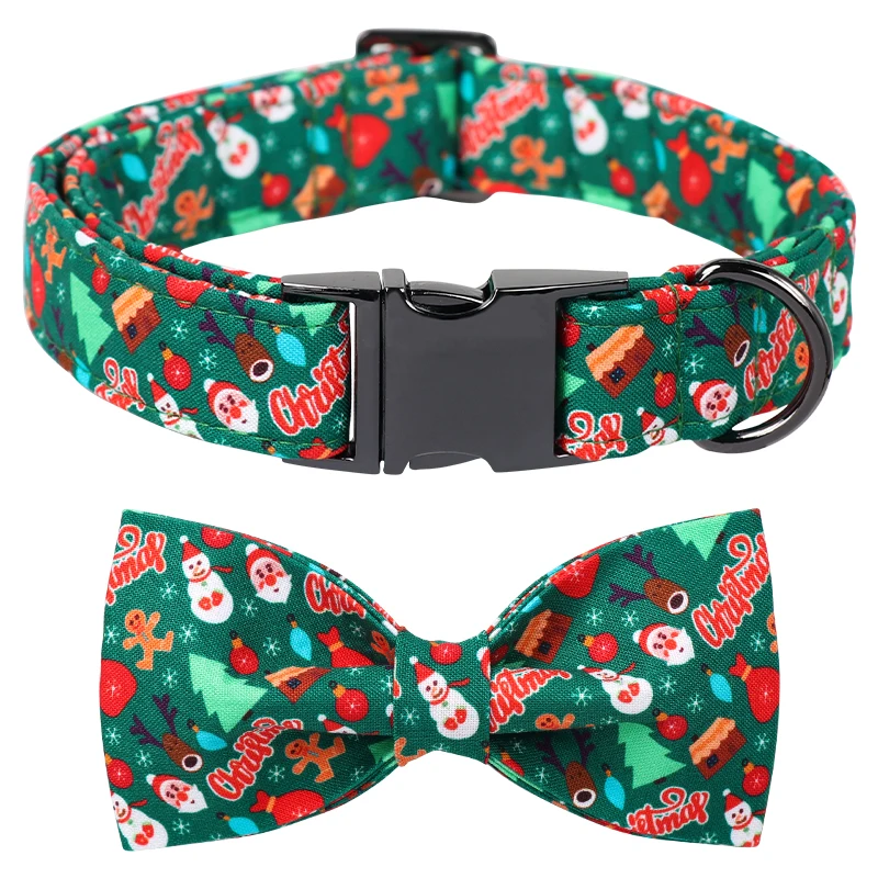 Unique Style Paws Green Christmas Dog Collar,  Santa Christmas Dog Collar with Flower Bowtie for Small Medium Large Dog