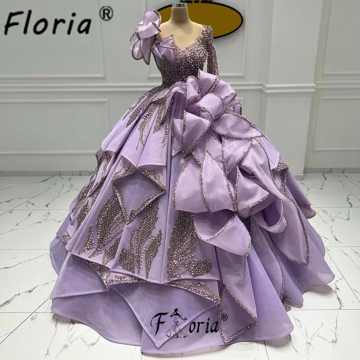 Gorgeous Romantic Violet Dubai Wedding Dress Heavy Beads Crystal Tired Ruffles Leaves Formal Event Gowns Vestidos de fiesta New