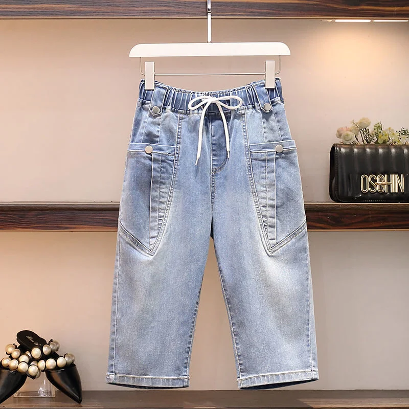 Women Fashion High Waist Baggy Jeans Pants Korean Streetwear Calf-Length Denim Capris Pants Summer Breeches 4XL