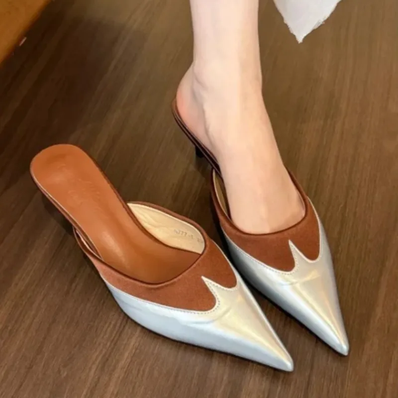 

Summer New Baotou Semi-drag Women's Outward Wear Temperament Pointed Toe Shallow Mouth One-belt Splicing Stiletto Slippers