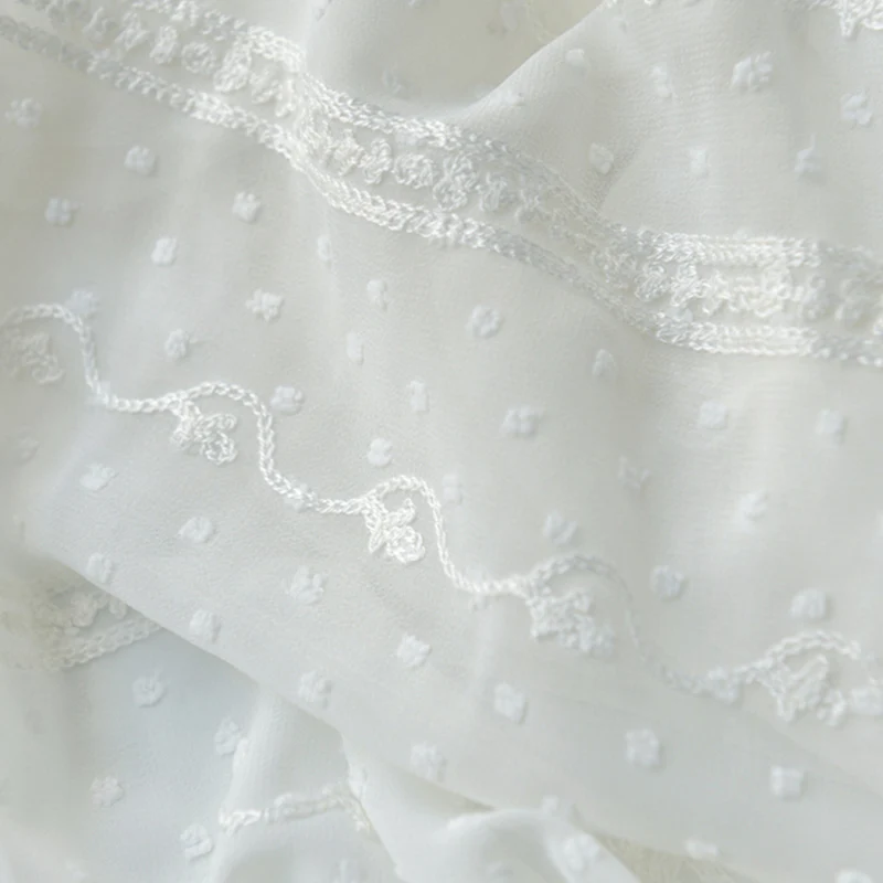 White beige stripes embroidery jacquard Swiss dot Chiffon Tulle Fabric for the Dress Shirt by the Meter