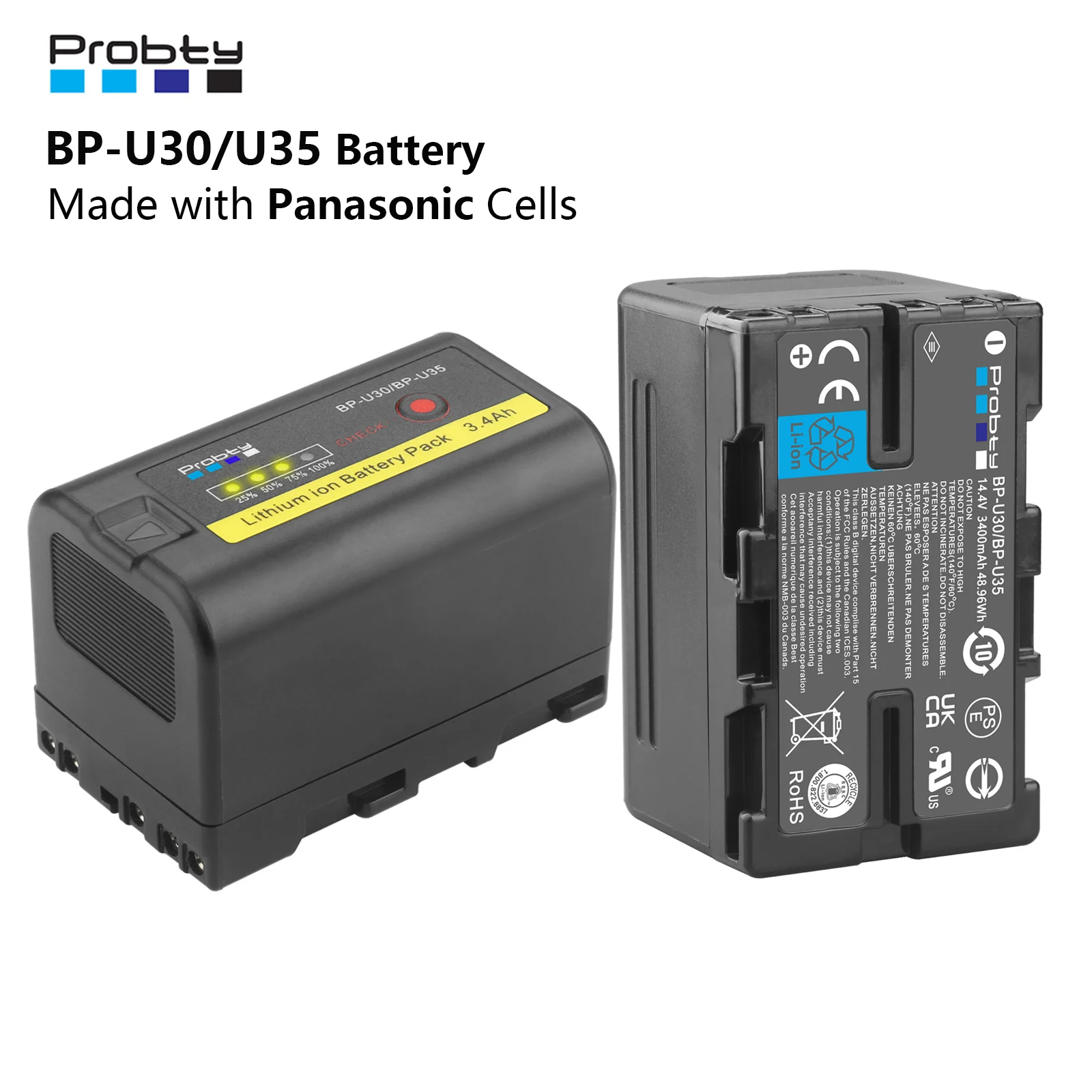 Probty 3400mAh BP-U30 BP-U35 Batería con indicadores de potencia LED para Sony BP U30 U60 U90 XDCAM EX PMW 100 150 160 200 PMW EX1 EX3