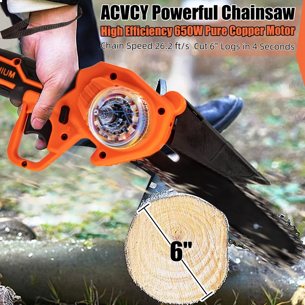 6 Inch Portable Mini Electric Cordless Chainsaw With  2 Chains, Handheld Power Chain Saws Pruning Saw For Patio And Garden