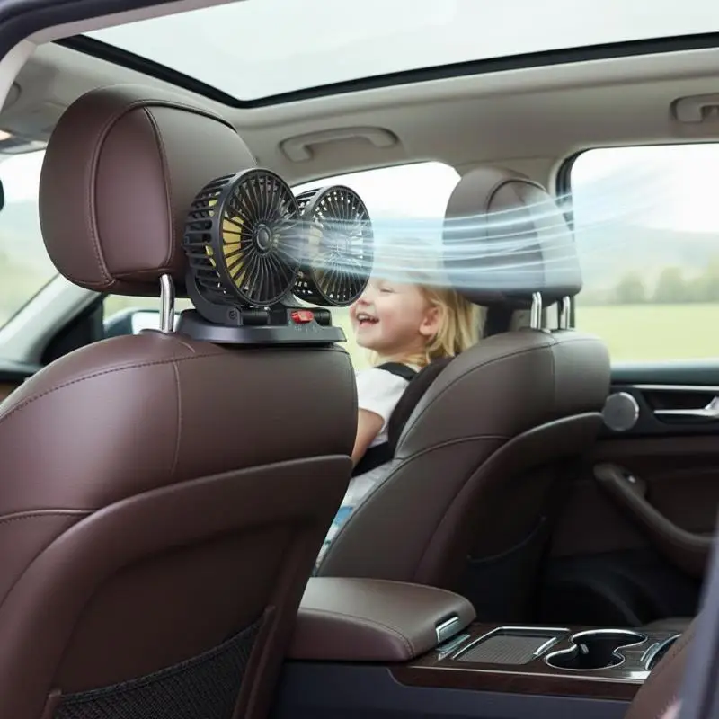 3 Speeds Car Fan Dual Head USB Powered for Kids Baby Adjustable Back Seat Headrest Cooling Solution