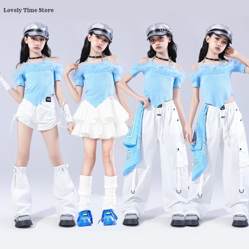 

Укороченный топ с открытыми плечами для девочек, брюки-карго, танцевальные шорты, детская юбка в стиле хип-хоп, уличная одежда, комплекты детской одежды для джазовых девочек