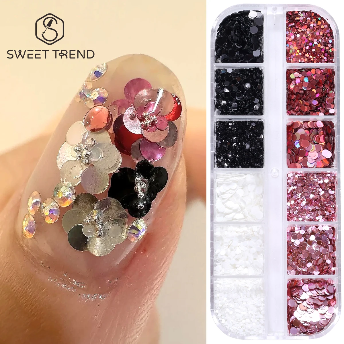 12 Grilles de Paillettes Rondes pour Ongles, Motifs Floraux, Points de Polka, Flocons Scintillants, DIY, Tranches Miroir Rose et Noir, Décoration Manucure Japonaise