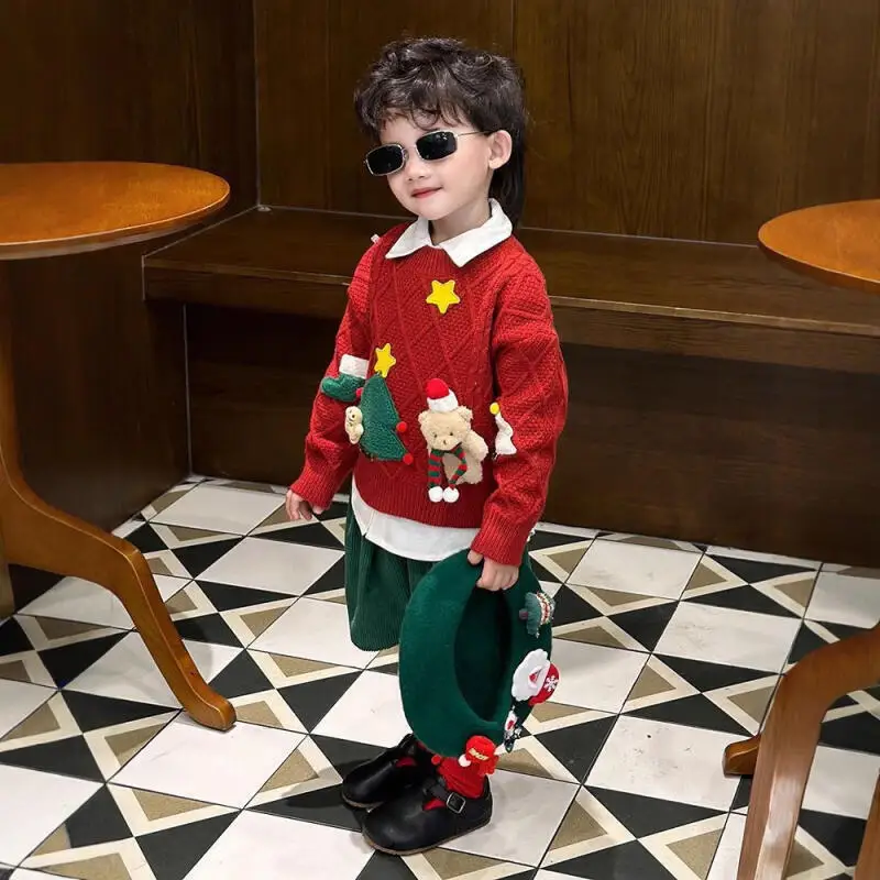 Kawaii نمط جديد أزياء عيد الميلاد سترة للجنسين طالب الخريف والشتاء الكرتون عارضة تريكو قمم ملابس الأطفال #3