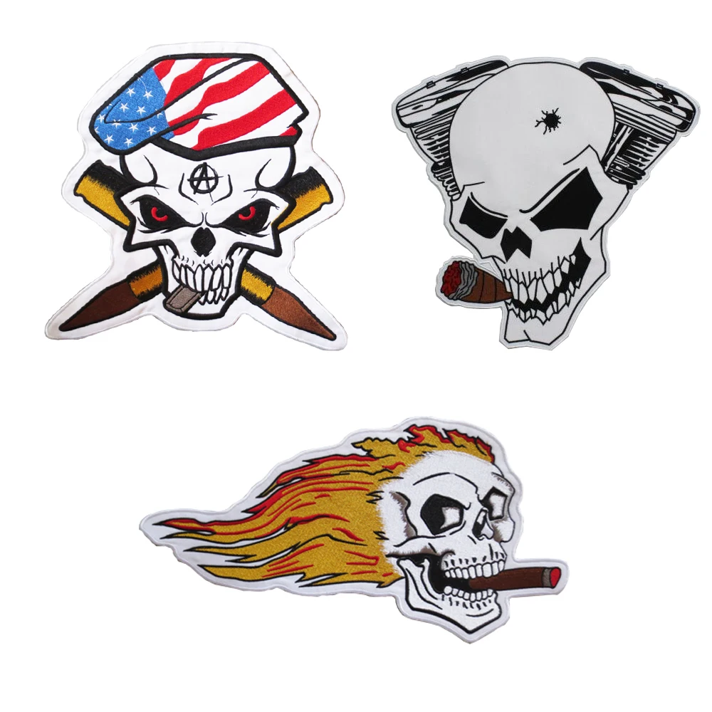 

American Soldier Skull Flame Cigar Engine Cool Darkness Large Motorcycle Embroidery Patches For Jacket Back Biker Punk Sew on