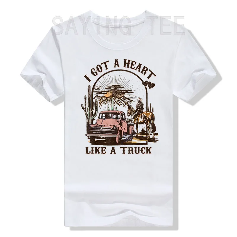 

Western Sunset Cowgirl I Got A Heart Like A Truck T-Shirt Cool Country Southern Cowboy Tee Tops Travel Lover Trip Apparel Gifts