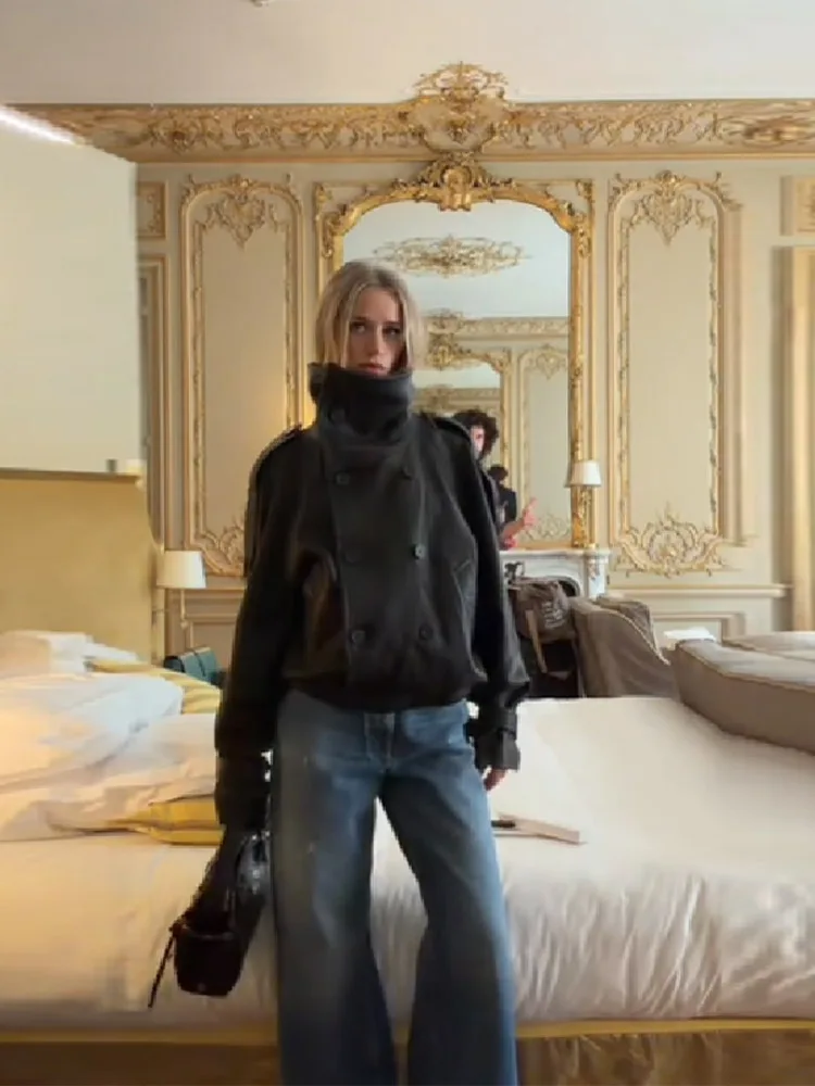 

Осенняя крутая короткая куртка большого размера цвета хаки, женское двубортное пальто с воротником-стойкой, свободная повседневная корейская модная одежда