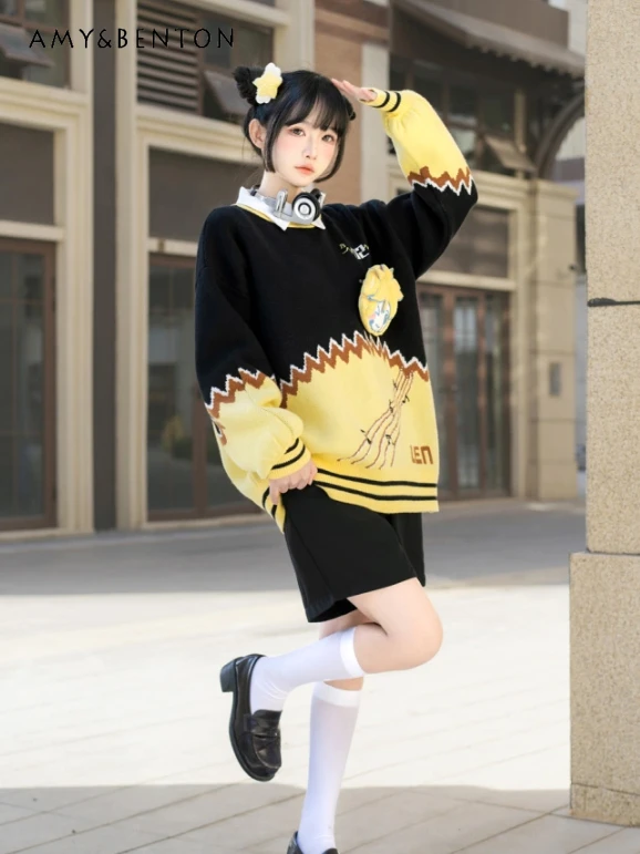 Sweet Cute Detachable Three-Dimensional Anime Doll Round Neck Pullover Spring New Japanese Preppy Style Kawaii Loose Sweaters