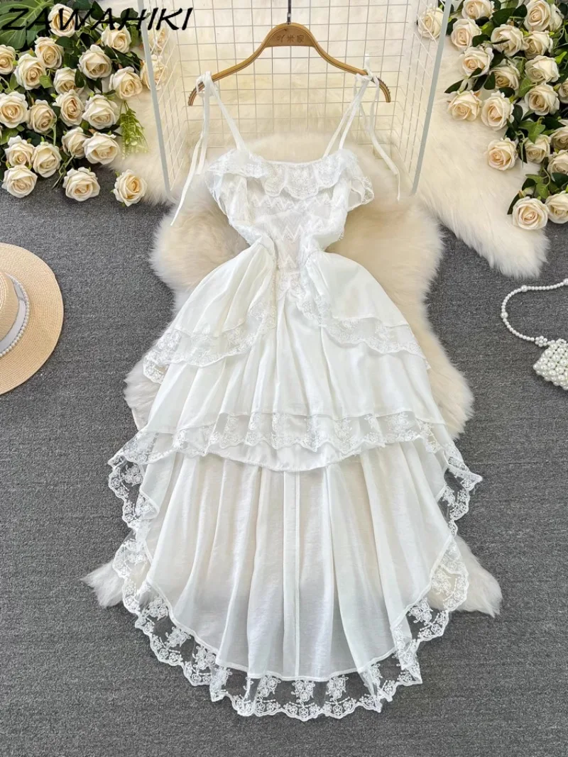 

Summer Dress for Women Vintage Sweet Lace Vestidos Patchwork Irregular Camisole Dresses for Female Pleated Elegant Femme Robe