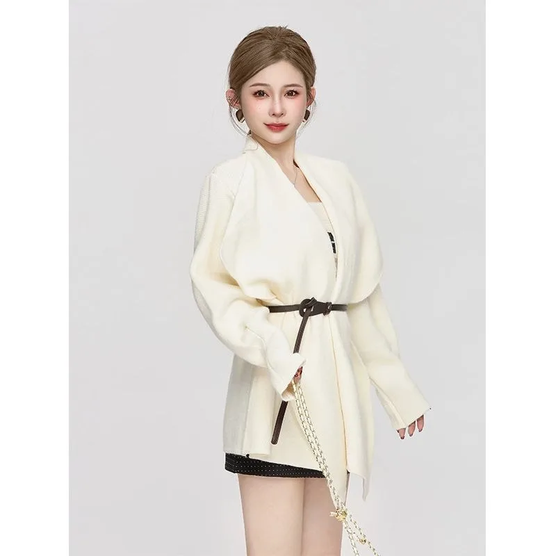 المرأة الخريف الشتاء الفرنسية رشيقة بدوره إلى أسفل طوق سترة سترة سيدة الموضة معطف أسود متماسكة مع حزام الخصر سترات جديدة #3