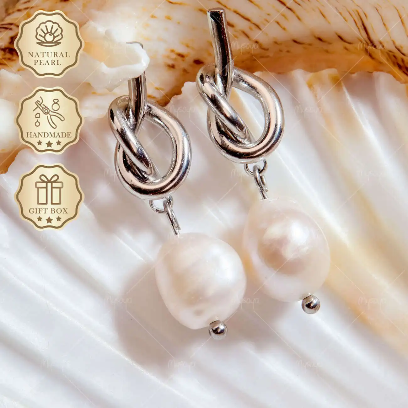 Mysoya White Baroque Pearl Knot Earrings 8-9mm Silver Gift Box Wedding Bridesmaid Birthday Jewelry S118