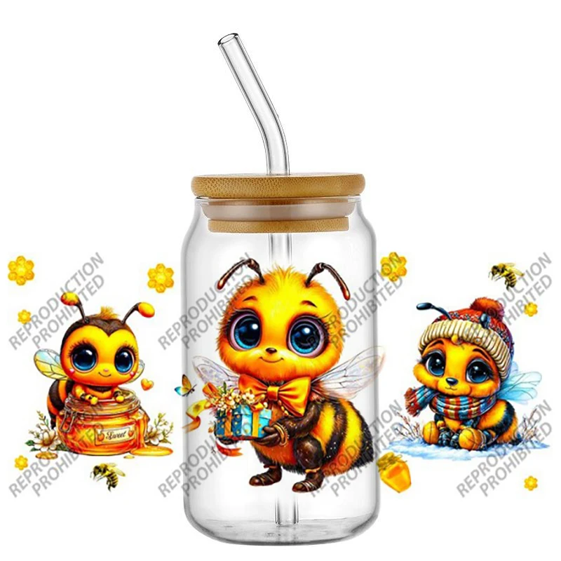 Cute Honey Bee UV DTF Wraps, Cartoon Bee & Sunflower Stickers for 16oz Glass Cans, Waterproof DIY Transfer Decals