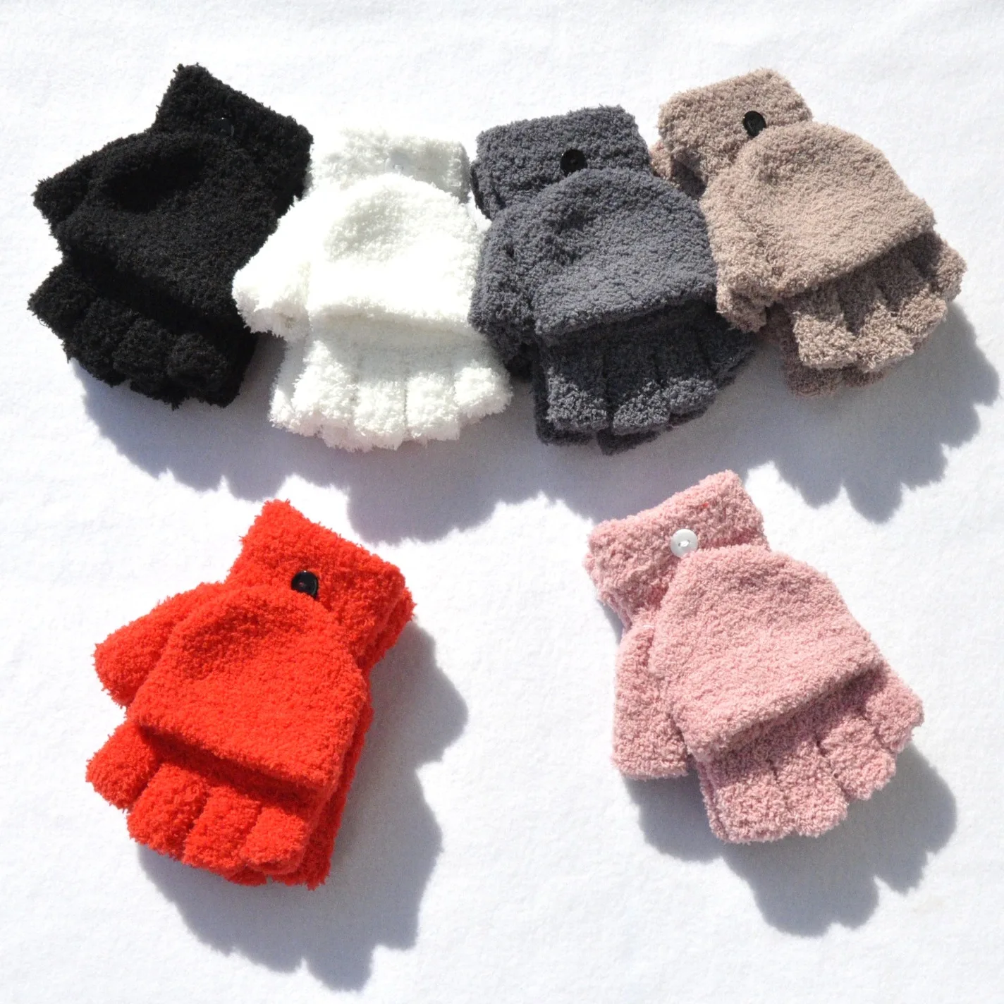 Coral velo flip cover metade dedo luvas de inverno das mulheres dos homens sólidos mais quentes luvas macias feminino senhora menina ciclismo luvas novo