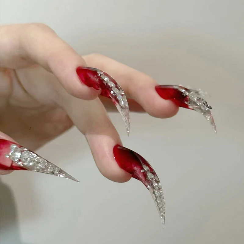 Handmade Red Long Dragon Shape Claw Press On Nail Rhinestone Short Cat Claws Acrylic False Nail Tip Stickers Fake Nail With Glue