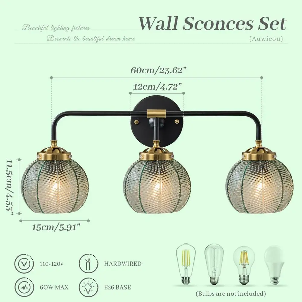 3-Light Vintage Green Glass Sconce - مصباح جداري للحمام وغرفة النوم والممر #4