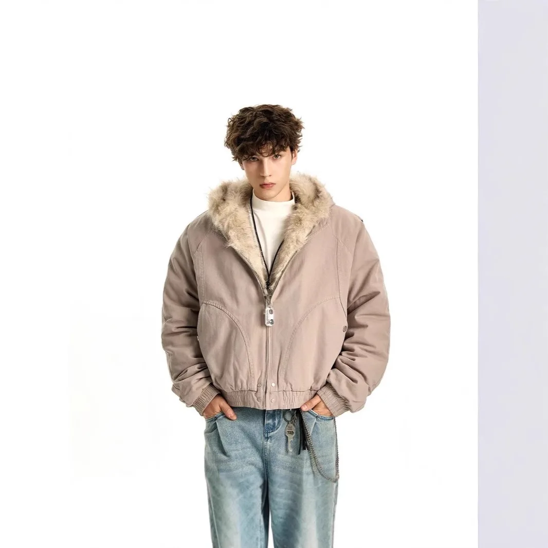 سترة هاراجوكو الأمريكية الدافئة للرجال والنساء سترة قطيفة بسيطة كلاسيكية مع سترة جلدية فضفاضة جديدة بياقة من الفرو #5