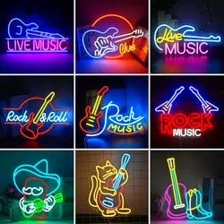 Guitar Neon Sign For Wall Decor Rock And Roll Live Music Dimmable Luminous LED Lights Art Room Decoration Bar Club Party Lamp