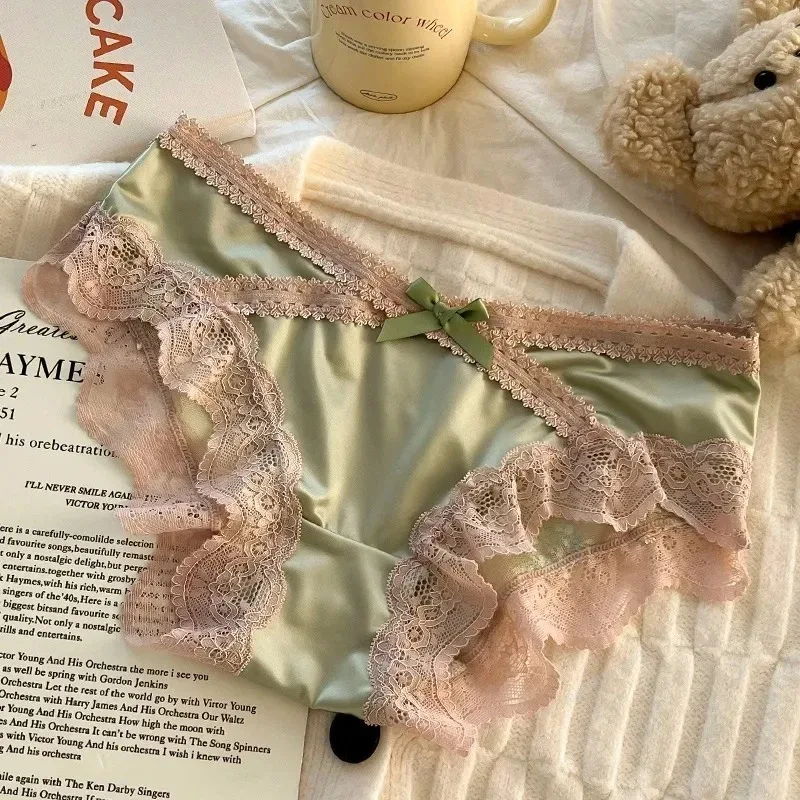 Satin Panelled Lace Briefs Sexy Women's Underwear Low-rise Panties Soft Briefs Comfortable Lingerie Трусы Женские