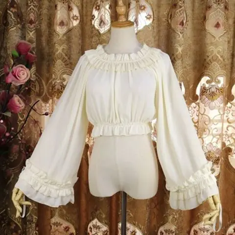 NONSAR Japanese Style Harajuku Gothic Lolita Shirts Girly Cute Ruffles Long Sleeve Top Elegant Women Sweet Solid Chiffon Blouses