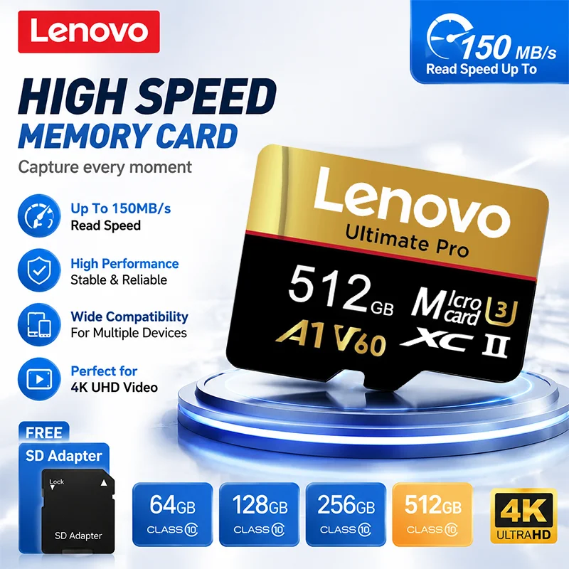 Lenovo High Speed Micro SD TF Flash Memory Card Class 10 SD Adapter for Storage Expansion 64GB 128GB 256GB 512GB