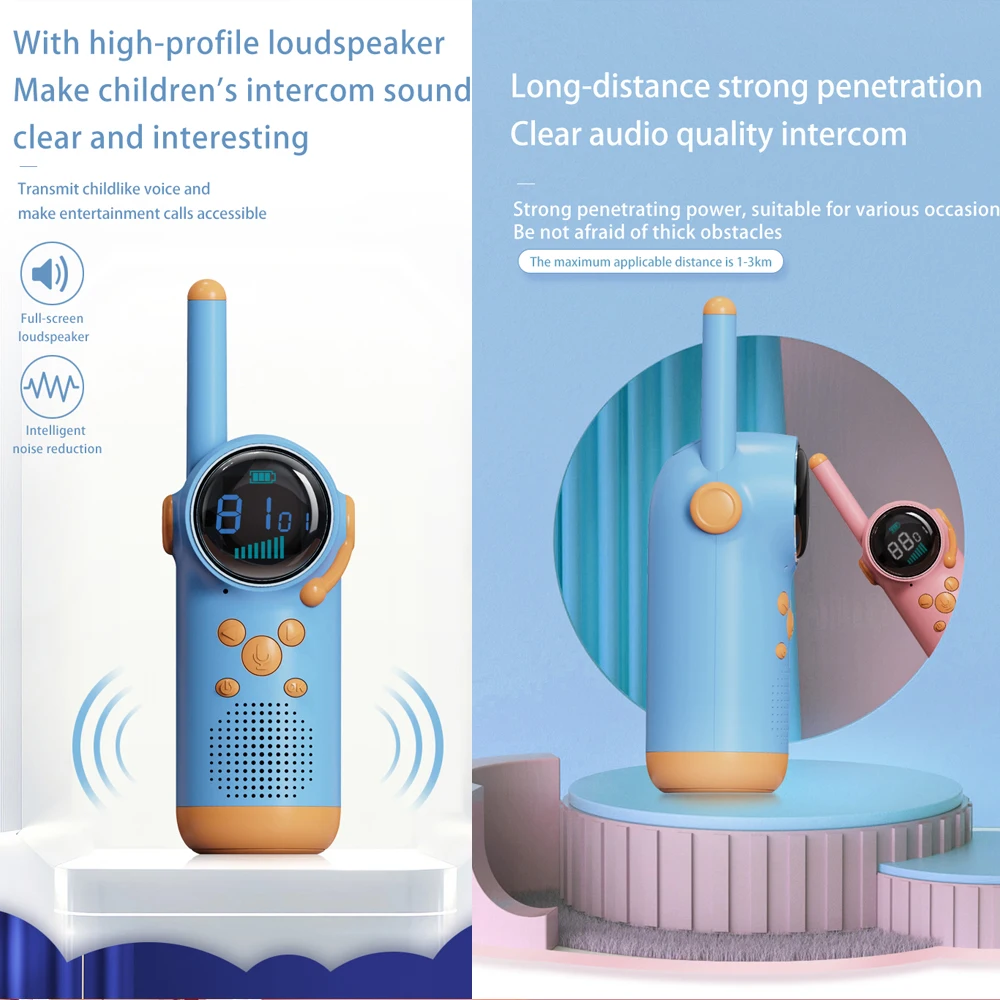 2PCS Kids Walkie Talkie Toy 8 Channels LCD Screen LED Flashlight Intercom Distance 1.5-3KM Parent-child Interaction Recharge