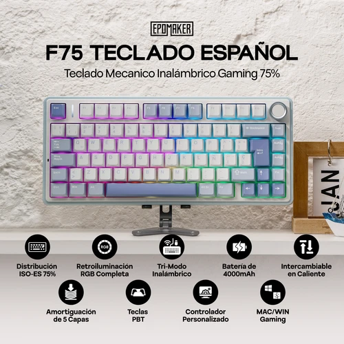 Imagen 2 del producto EPOMAKER AULA F75 ISO-ES Distribución 75% EspañoI QWERTY Hot-Swap Gasket-Mounted Wired/Bluetooth/2.4GHz Inalámbrico Teclado Mecánico para Gaming Retroiluminación RGB Completa