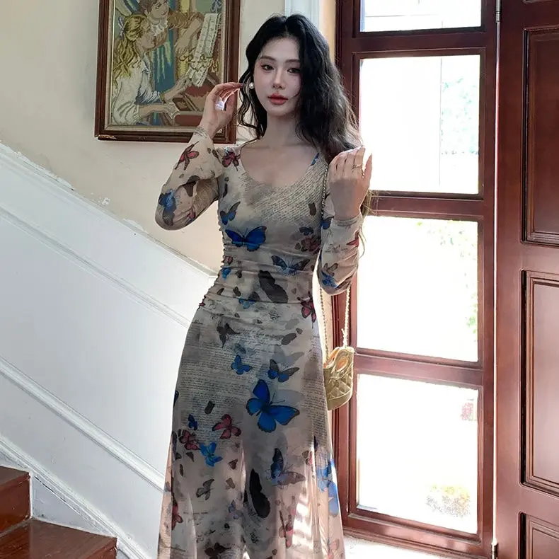 فساتين نسائية بأكمام طويلة فستان مكشكش للخريف محبوك مبطن متشابك مرونة الياقة المدورة شريط عمودي مكان العمل الرسمي #3