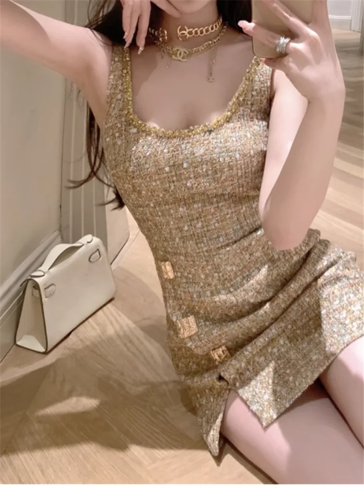 연예인 여성 고급스러운 우아한 골드 슈퍼 미니 파티 드레스 여름 신상 패션 스플릿 U넥 바디콘 펜슬 탱크 드레스 숏 스커트