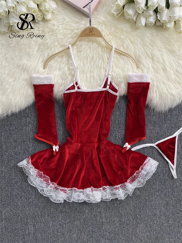 فستان عيد الميلاد المثير من SINGREINY 2024 بحزام متقاطع على شكل حرف a ملابس نوم حسية للسيدات قصيرة من الدانتيل المخملي فستان نوم