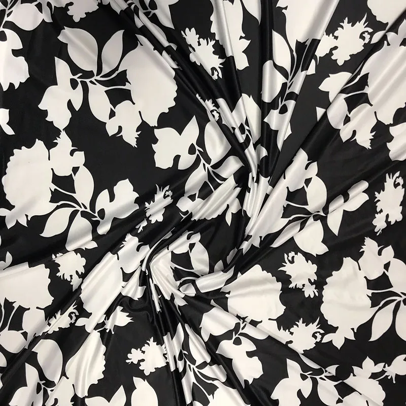 Black and White Floral Printed Milk Silk Fabric Dress Yoga Dance Costume Tight Fitting Base Four Sided Elastic Fabric