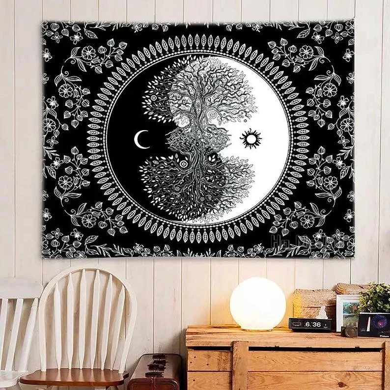 Tapisserie de Tarot d'arbre divin, soleil, lune, Tai Chi, décoration magique pour la maison, tapis d'art mural