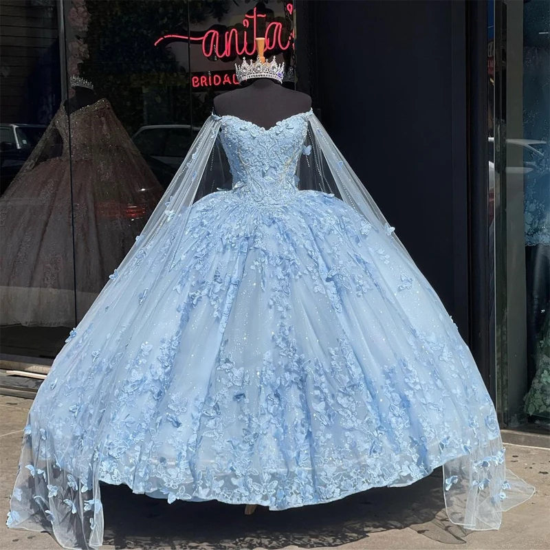 Lorencia-Vestidos De Quinceañera De mariposa lavanda lila con capa De encaje dulce 16, vestido De graduación mexicano, Vestidos De XV Anos YQD286