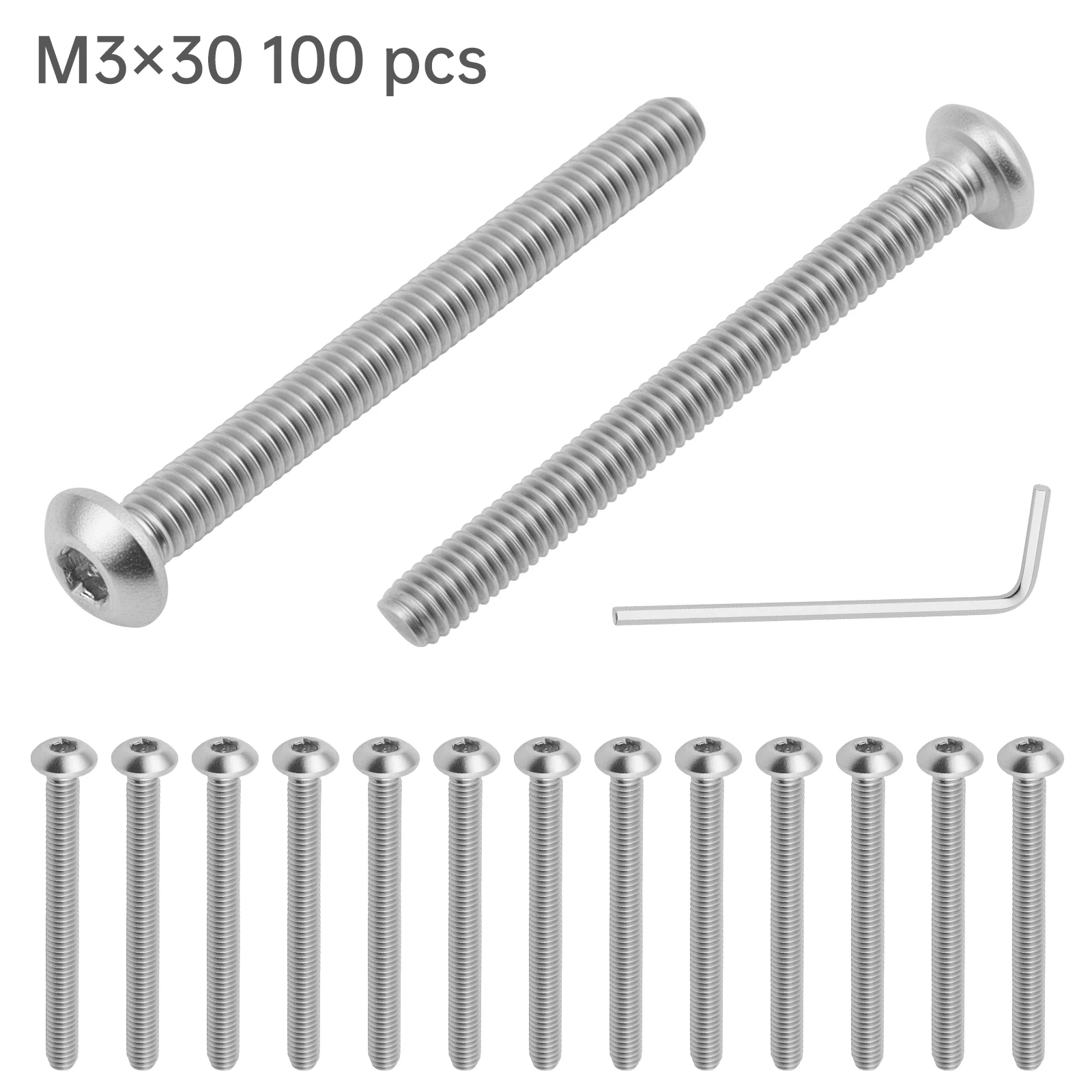 100 Pieces 304 Stainless Steel M3 x 30 mm Button Head Socket Cap Screws with Allen Wrench, Bright Finish Hex Socket Bolts