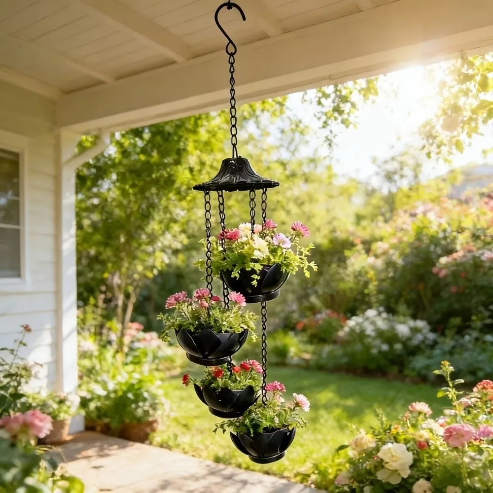 Iron Lotus Shaped Hanging Planter Weather-Resistant Long-Lasting Multi-Tier Flower Pots Decorative Chinese Style