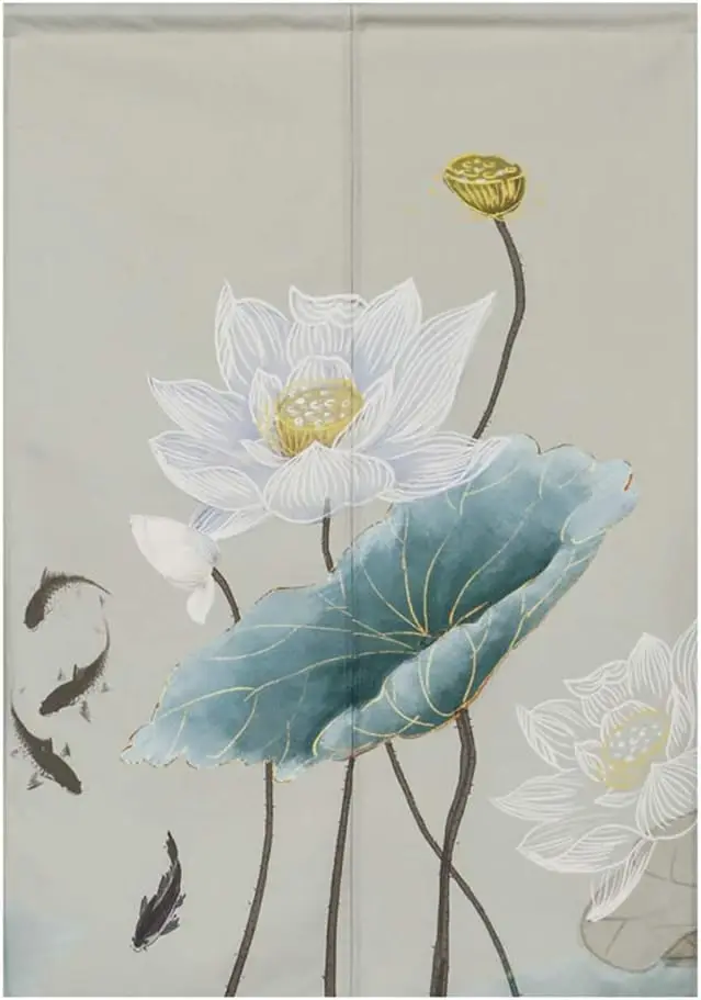 Lotus Koi Noren Curtain, Chinese Style Light Grey Print With Teal Leaf & Gold Details For Home & Tea House,Elegant Oriental Room