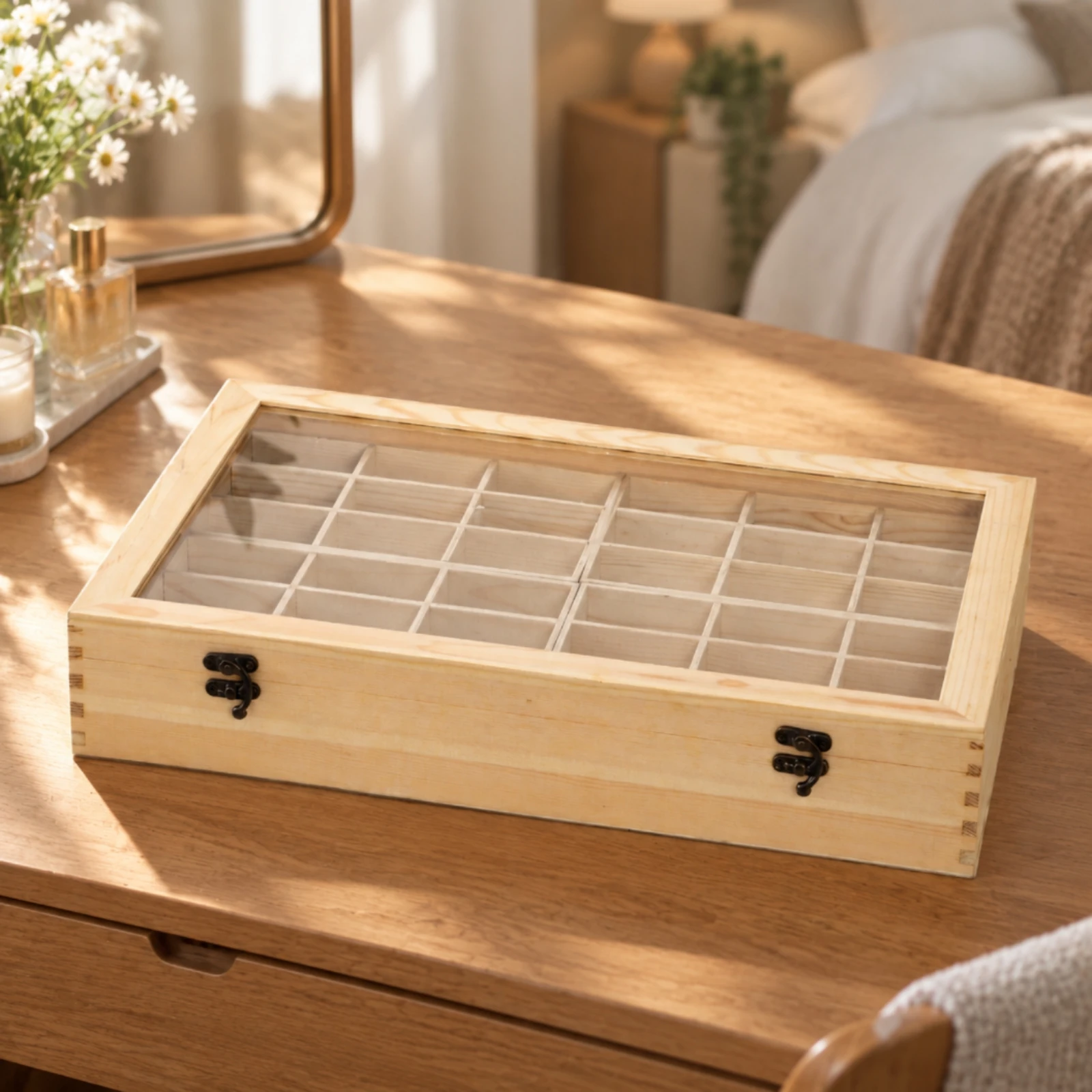 Accessory Display Case Compact Wooden Compartment Organizer with Glass Lid Rectangular Tray-Style Jewelry Box with Dividers