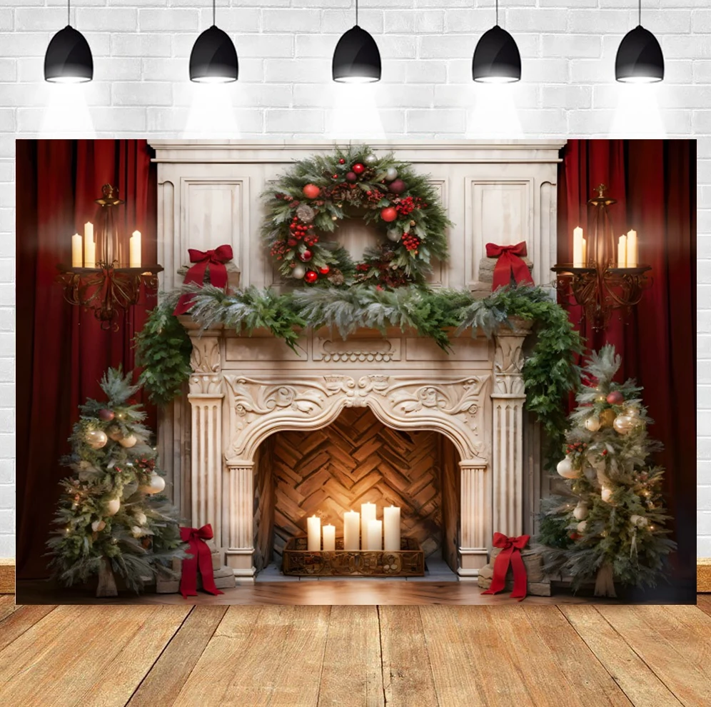 Christmas Backdrop Old Brick Fireplace Christmas Tree Gifts Teddy Bear Navidad Decoration Kids Portrait Photography Background