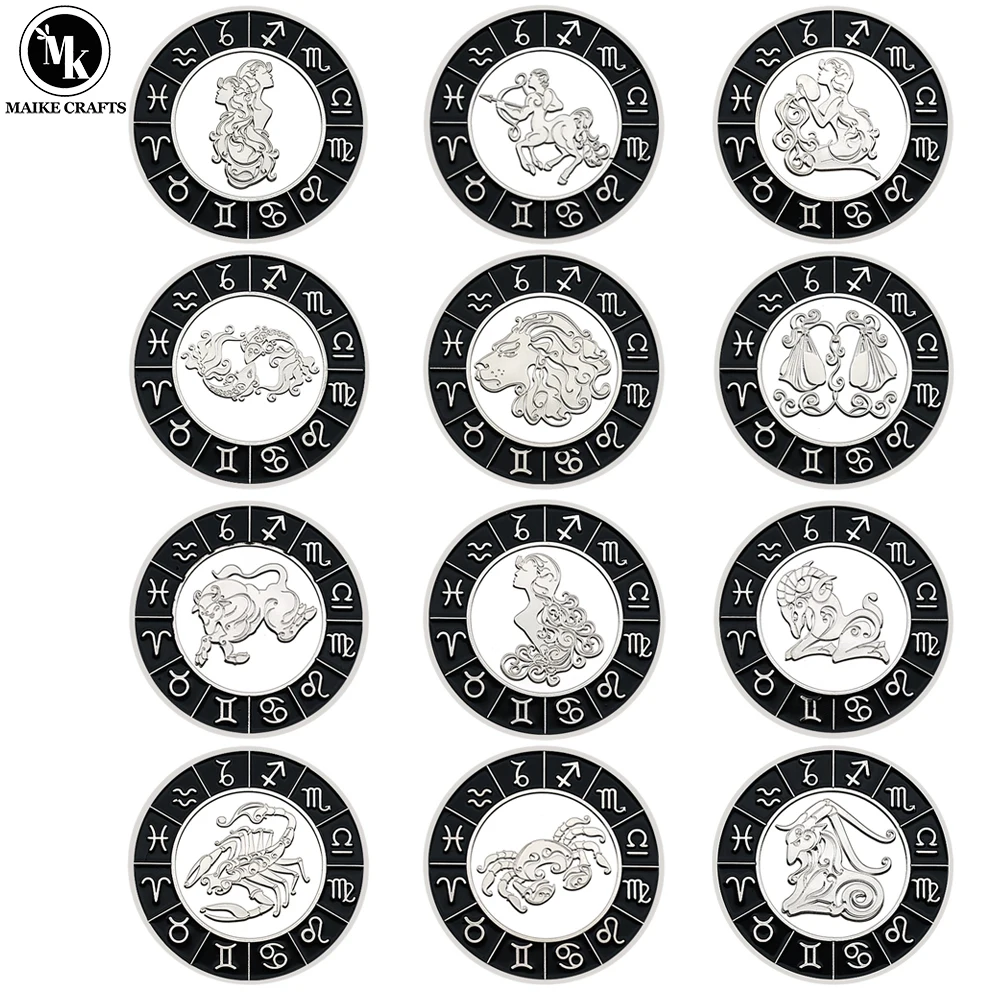 12pcs/set 12 Constellation Lucky Coin Silver Plated Metal Set Crystal Crafts Commemorative Coin Collection Holiday Gift