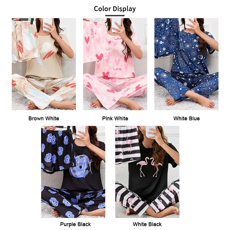 Women\'s Sleepwear Home Clothes Autumn Short Sleeve Top with Shorts & Long Pants Pajamas 3-Piece Set Loungewear Short Suit Pyjama