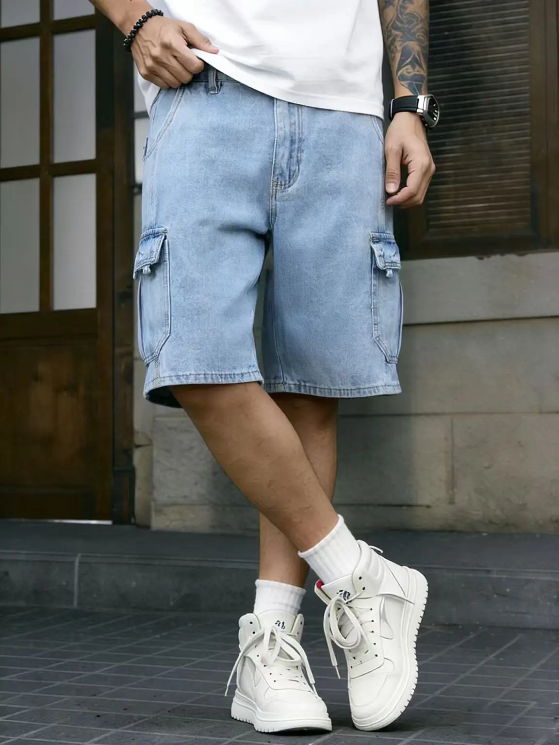 

Men's Summer Loose Straight Fit Five Pocket Denim Shorts in American Retro Workwear Style